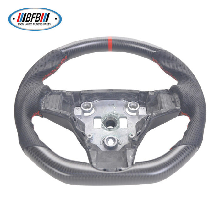100% Real Carbon Fiber Matte Black Perforated Steering Wheel with Red Stitching and Red Logo - For Tesla Model 3 Y