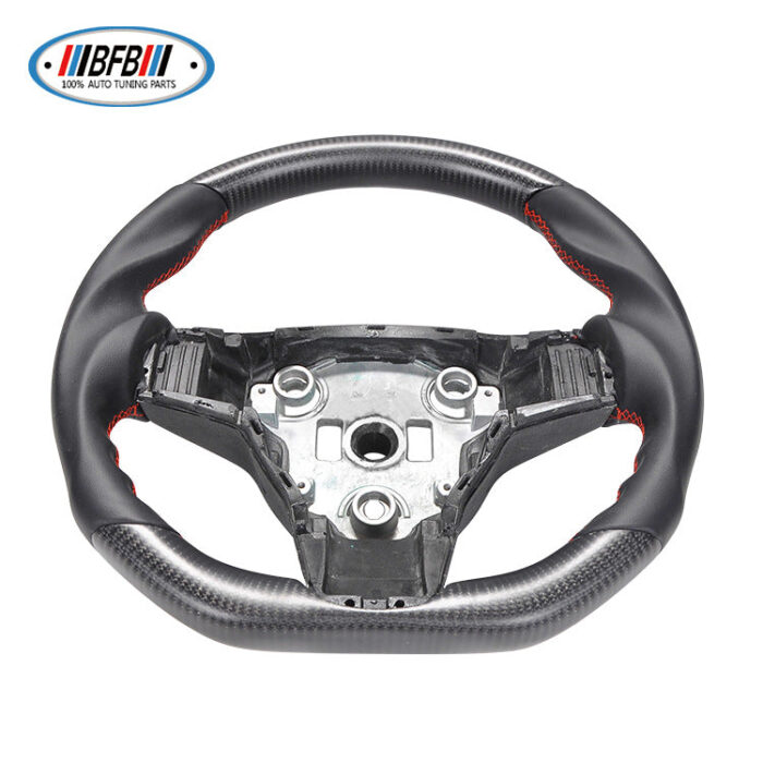 100% Real Carbon Fiber Matte Black Steering Wheel with Red Stitching - For Tesla Model 3 Y