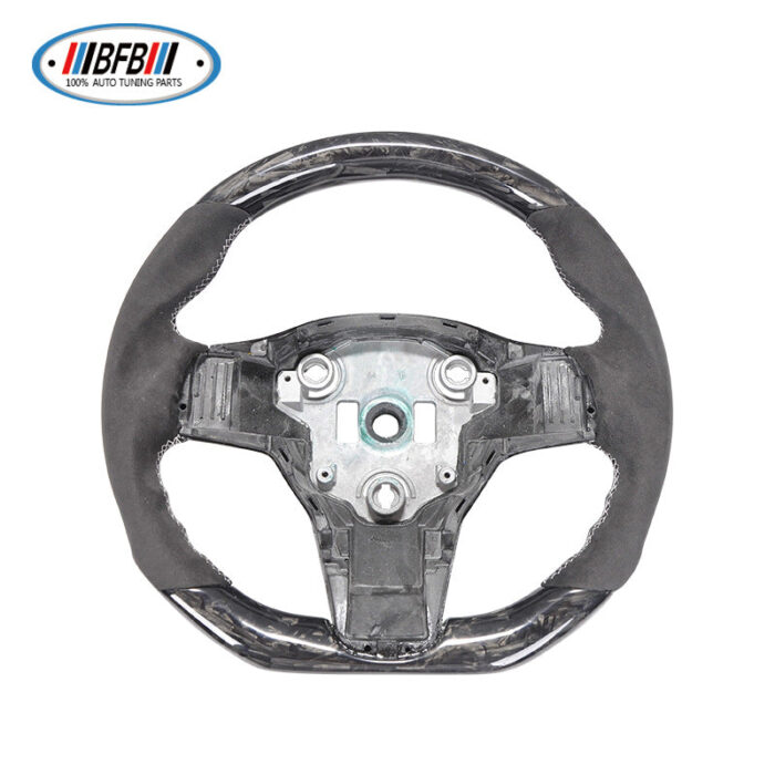 100% Real Carbon Fiber Steering Wheel Modification - For Tesla Model 3/Y - Black Perforated Leather Brown Stitching Marble Forged Pattern