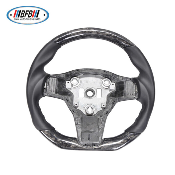 100% Real Carbon Fiber Forged Black Steering Wheel with Black Stitching - For Tesla Model Y