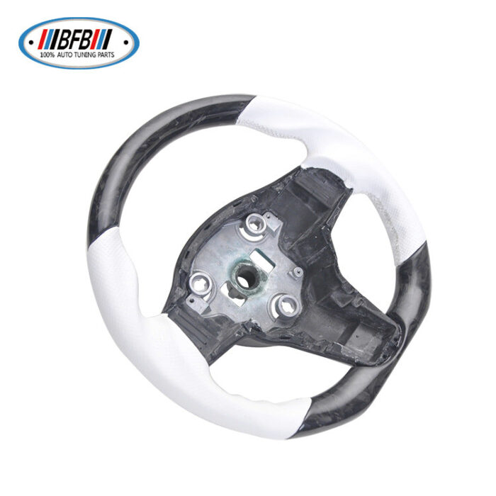100% Real Carbon Fiber Forged White Steering Wheel with White Stitching - For Tesla Model Y