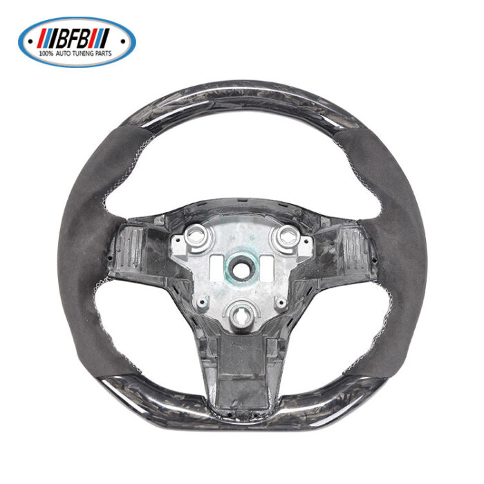 100% Real Carbon Fiber Forged Suede Steering Wheel with White Stitching - For Tesla Model Y