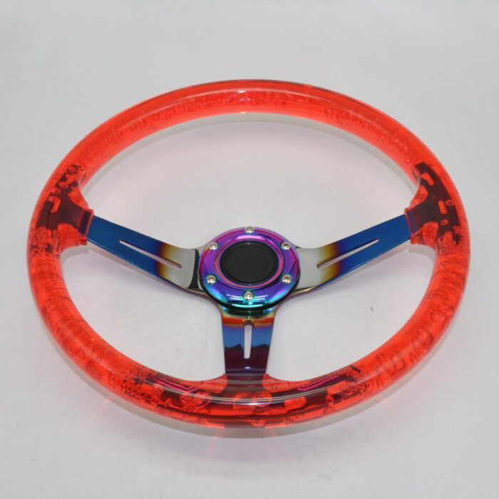 Racing Acrylic Steering Wheel - 350MM 14 Inch Modified Car Competition Transparent Bubble Blue Baked Chrome Color Spokes - One Piece