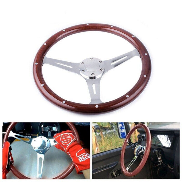 380mm 15" 6 Hole Chrome Dark Steering Wheel Real Wood Riveted Grip w/ Horn