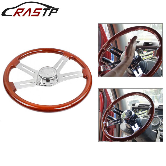 18"/455mm Wood Steering Wheel Chrome 4 Spoke for Truck Freightliner