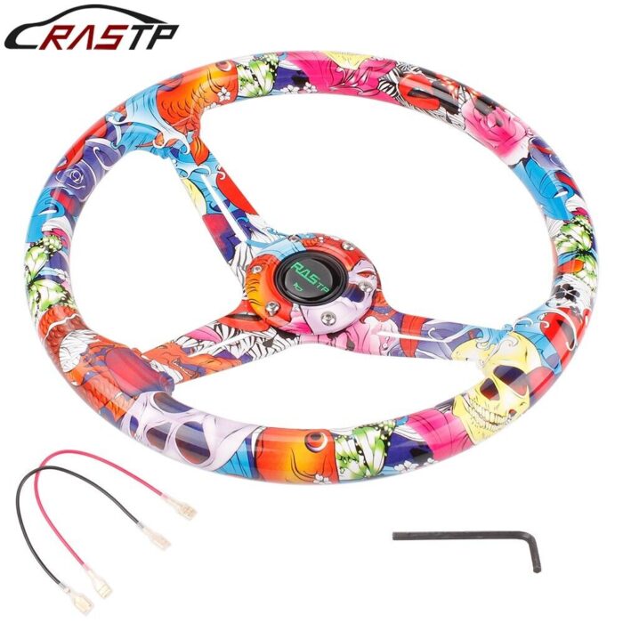 350mm 14inch Acrylic 70mm Deep Dish 6 Holes Steering Wheel w/Horn Button Cover