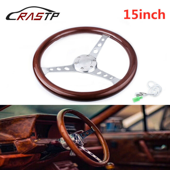 15"/380mm Classic Mahogany Wood Grain Brown Trim Steering Wheel with Horn Button