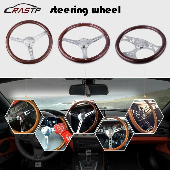 380mm Chrome Dark Steering Wheel Real Wood Riveted Grip (15") - 6 Hole