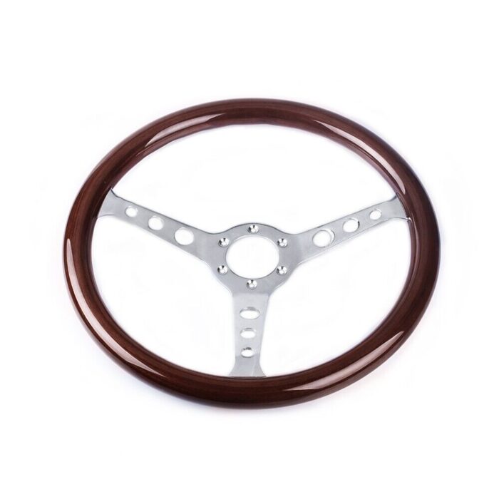 380mm 15" 6 Hole Chrome Dark Steering Wheel Real Wood Grip without Horn Button