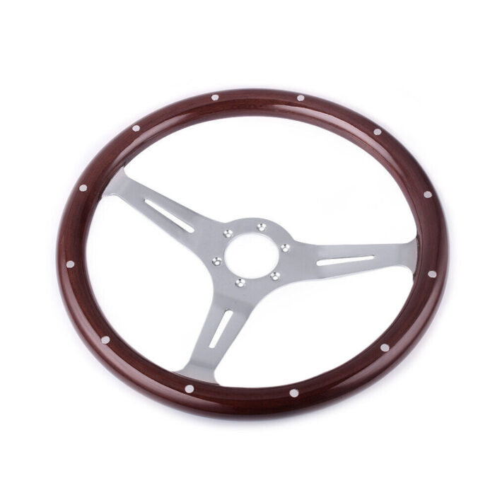 380mm Chrome Dark Steering Wheel Real Wood Riveted Grip (15") - 6 Hole