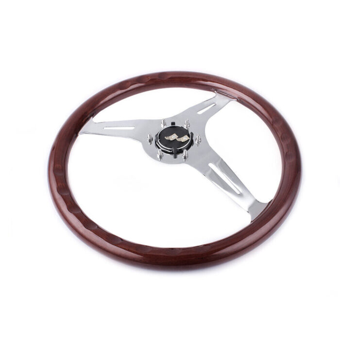 380mm 15" 6 Hole Chrome Dark Steering Wheel Real Wood Riveted Grip w/ Horn