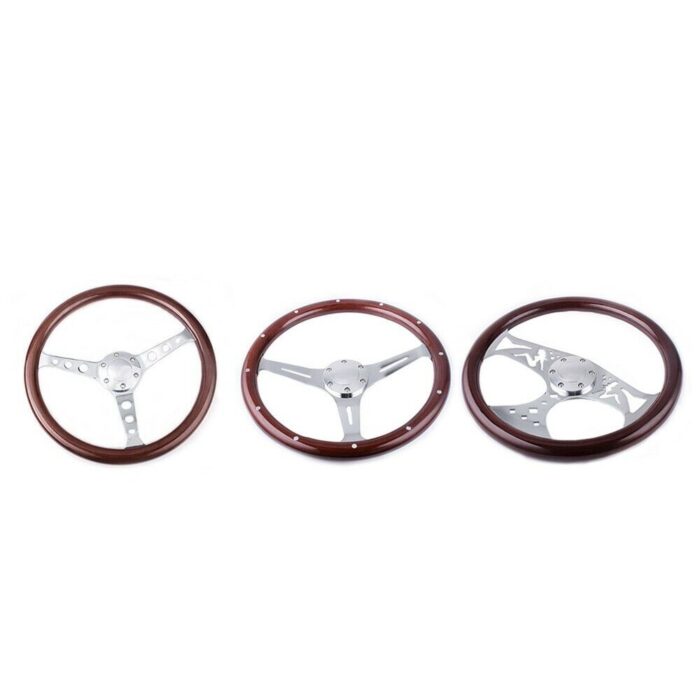 380mm Chrome Dark Steering Wheel Real Wood Riveted Grip (15") - 6 Hole