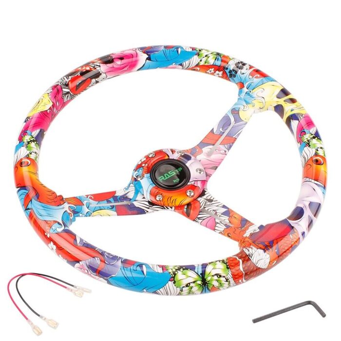 350mm 14inch Acrylic 70mm Deep Dish 6 Holes Steering Wheel w/Horn Button Cover