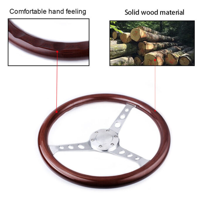 15"/380mm Classic Mahogany Wood Grain Brown Steering Wheel with Horn Button