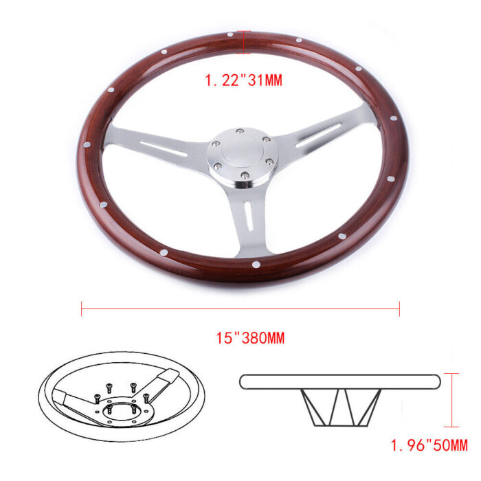 380mm Chrome Dark Steering Wheel Real Wood Riveted Grip (15") - 6 Hole