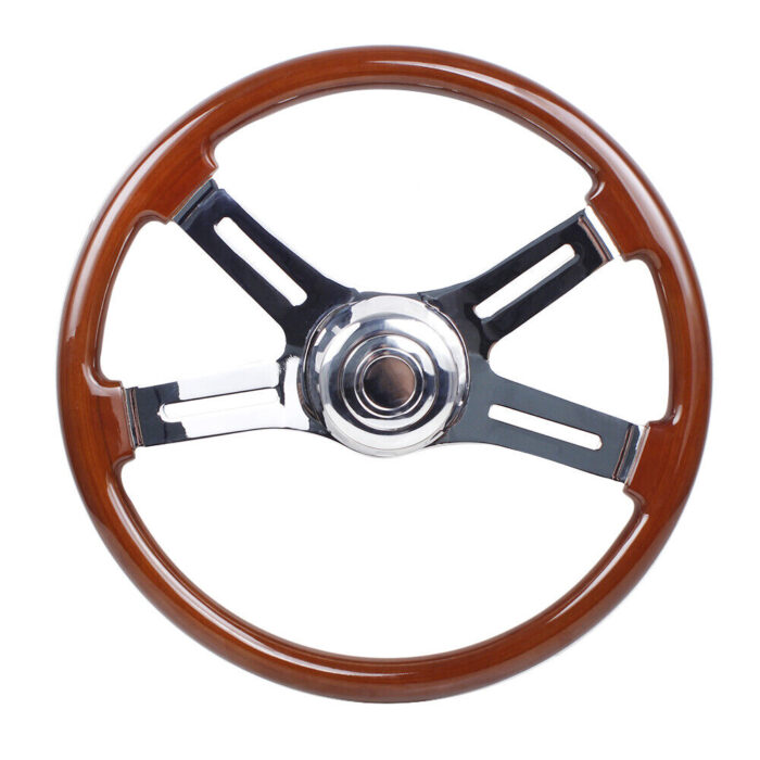 18" Wood Steering Wheel Chrome 4 Spoke Freightliner Kenworth Peterbilt Volvo