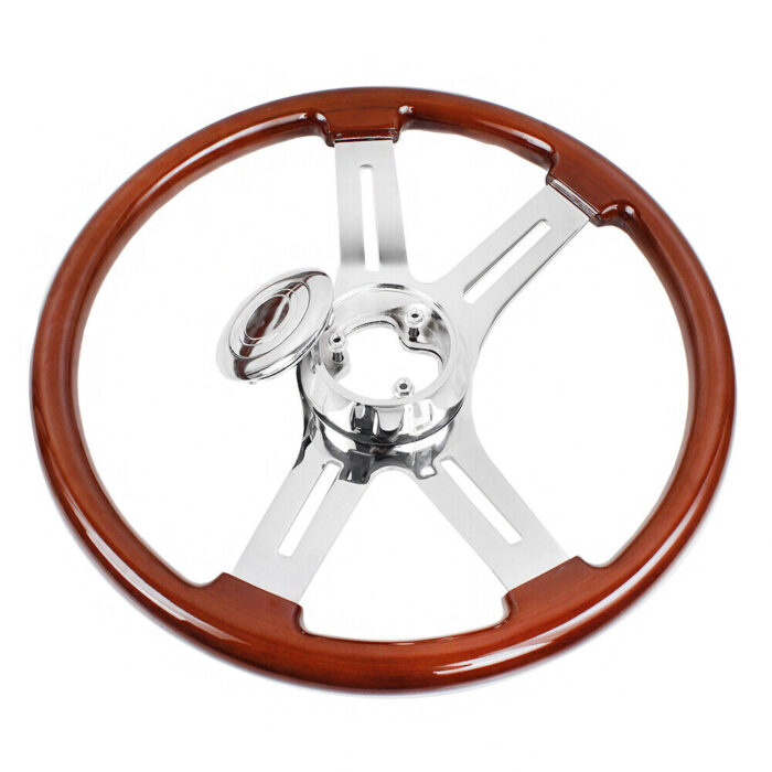18"/455mm Wood Steering Wheel Chrome 4 Spoke for Truck Freightliner