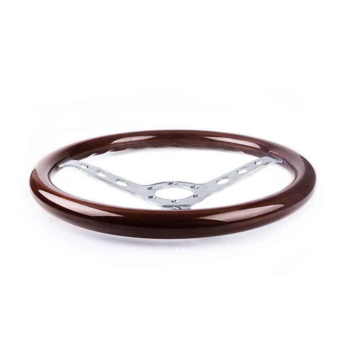 15'' 380mm Deep Dish Classic Wooden Steering Wheel Chrome Spoke + Horn Universal