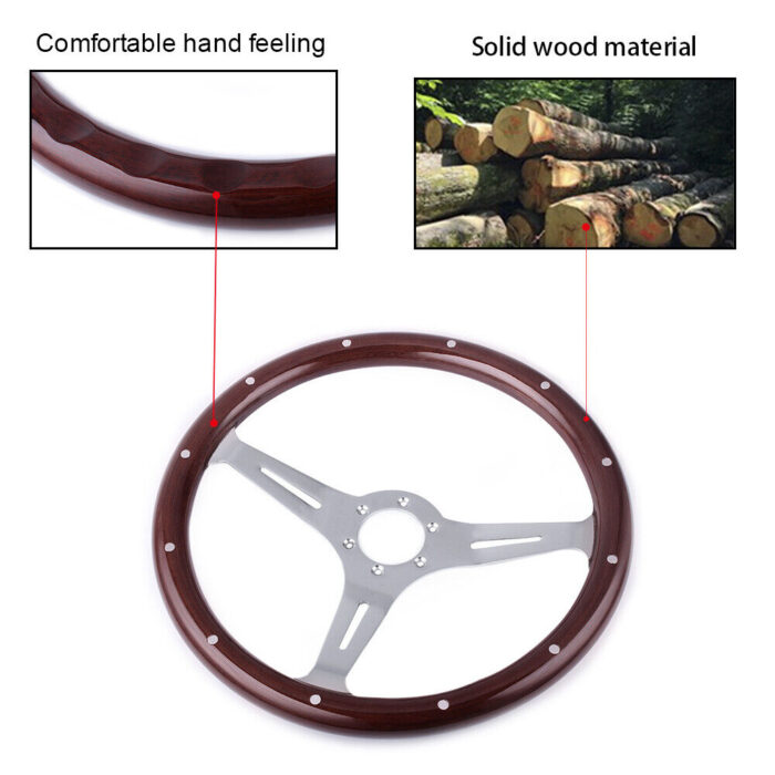 380mm Chrome Dark Steering Wheel Real Wood Riveted Grip (15") - 6 Hole