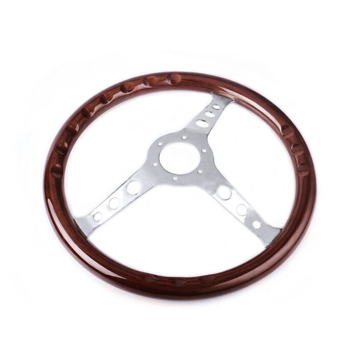 380mm 15" 6 Hole Chrome Dark Steering Wheel Real Wood Grip without Horn Button