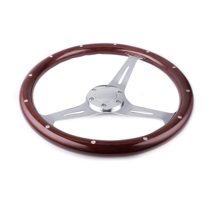 380mm Chrome Dark Steering Wheel Real Wood Riveted Grip (15") - 6 Hole