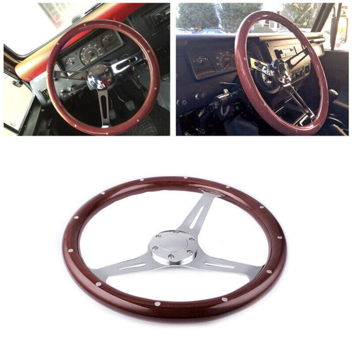 380mm 15" 6 Hole Chrome Dark Steering Wheel Real Wood Riveted Grip w/ Horn