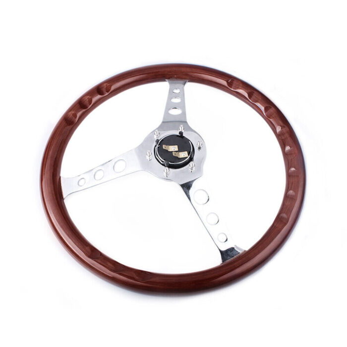 15'' 380mm Deep Dish Classic Wooden Steering Wheel Chrome Spoke + Horn Universal
