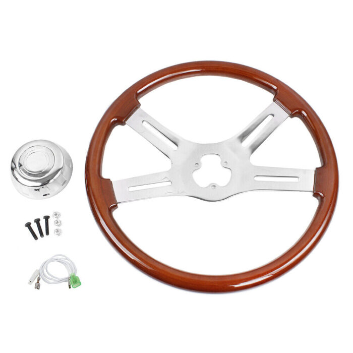 18"/455mm Wood Steering Wheel Chrome 4 Spoke for Truck Freightliner
