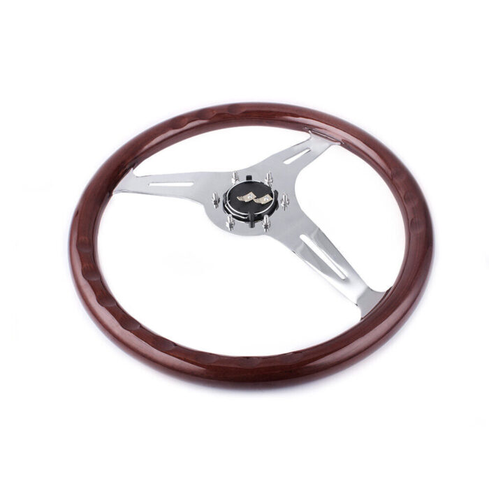 380mm Chrome Dark Steering Wheel Real Wood Riveted Grip (15") - 6 Hole