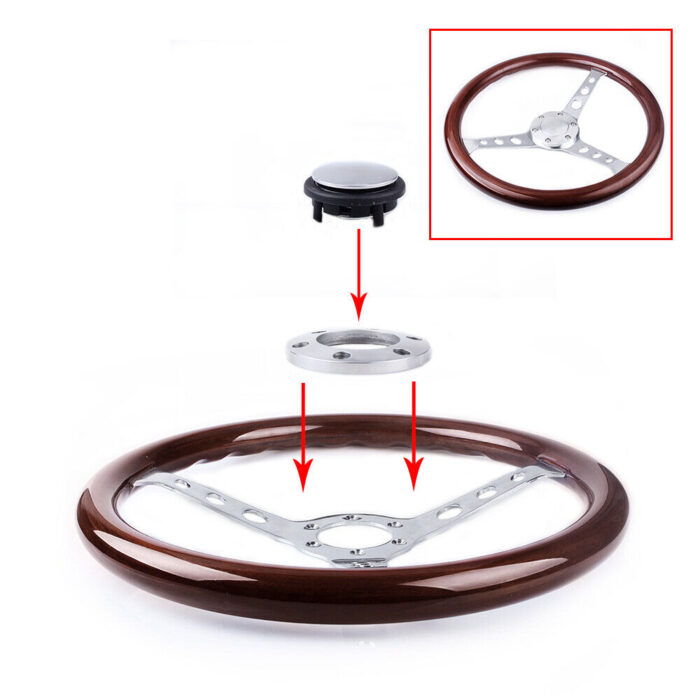 380mm 15" 6 Hole Chrome Dark Steering Wheel Real Wood Grip without Horn Button