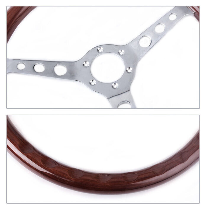 380mm 15" 6 Hole Chrome Dark Steering Wheel Real Wood Grip without Horn Button